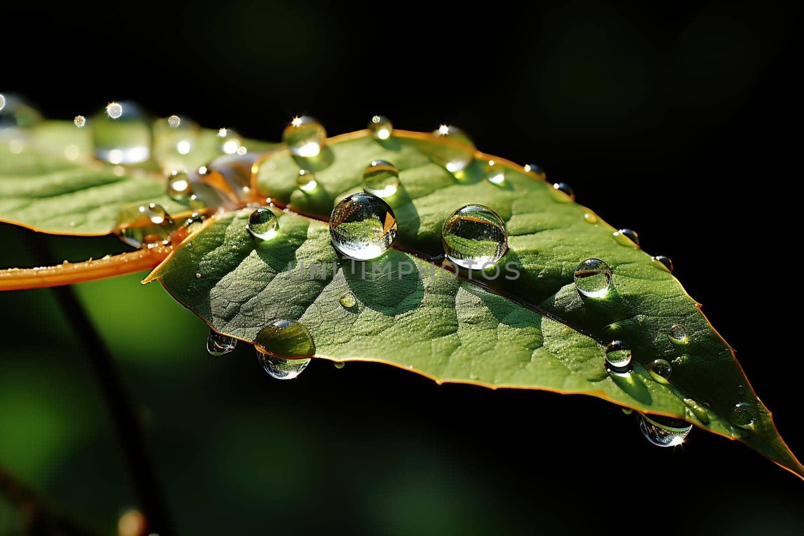 Large transparent drops of water, dew on a green leaf in nature. Natural background. Generated by artificial intelligence by Vovmar