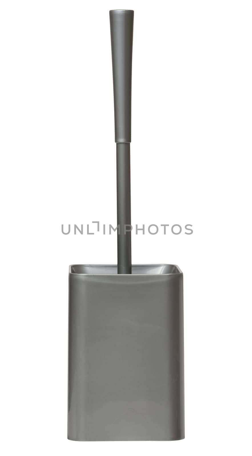Gray plastic toilet brush with stand on isolated background by ndanko