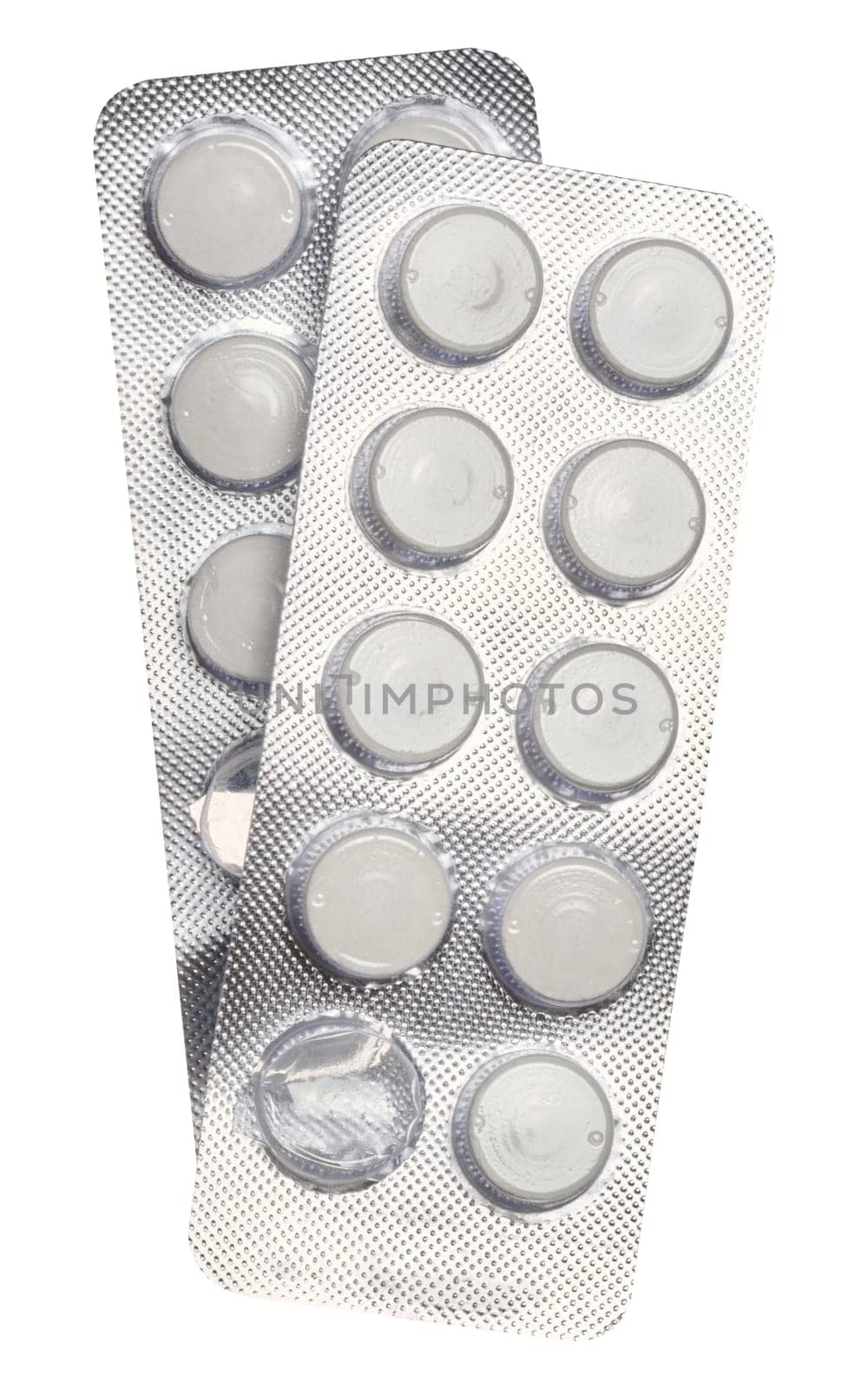 Blister pack with round pills on a white isolated background, top view