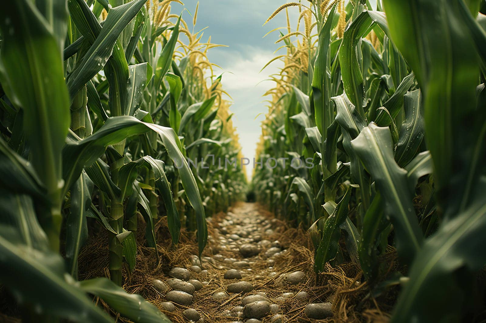 A path in the middle of a beautiful corn field in summer in cloudy weather.