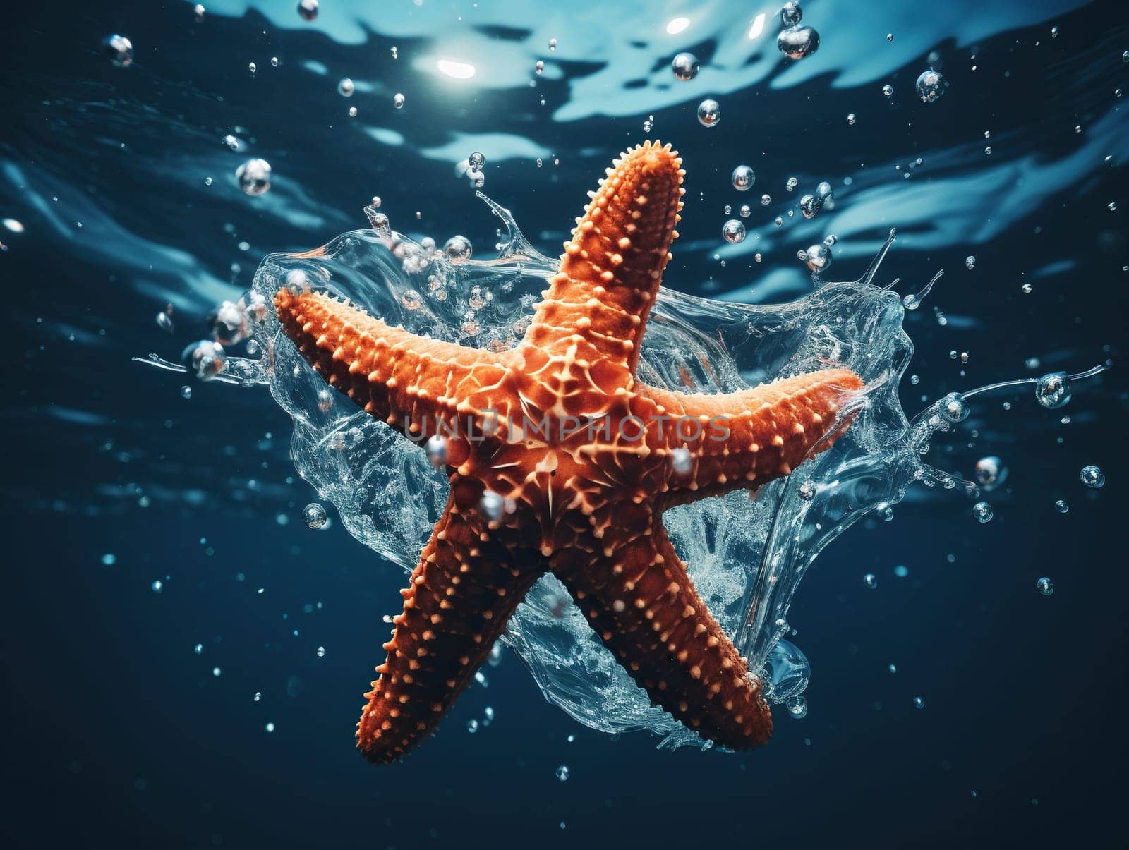 Underwater photo of a starfish with a splash of water. Generated by artificial intelligence by Vovmar