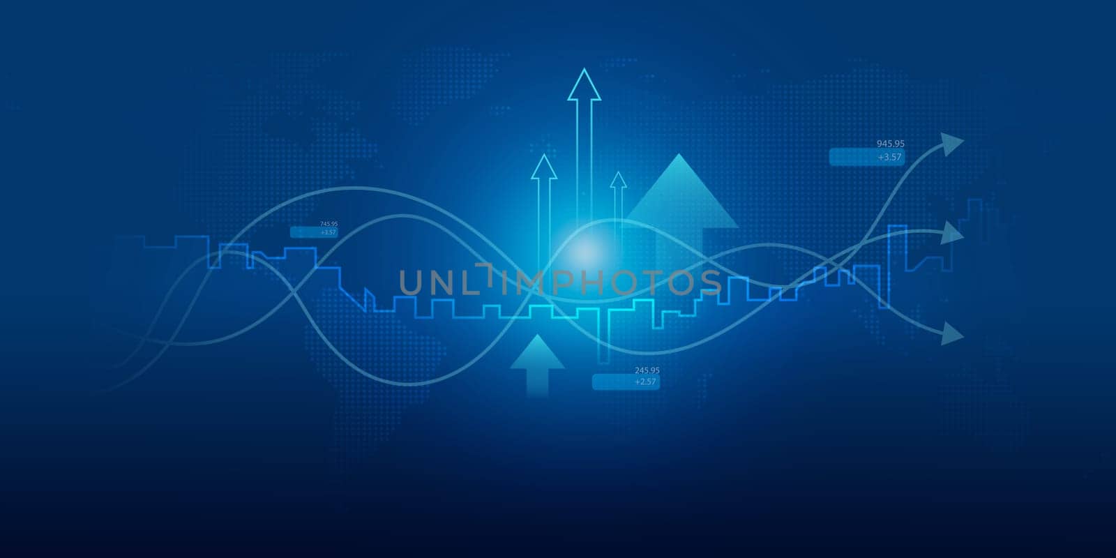 Business growth arrow up digital on blue dark background, investment graph technology circuit to success, financial data technology strategy, market chart profit money, abstract finance background by Unimages2527