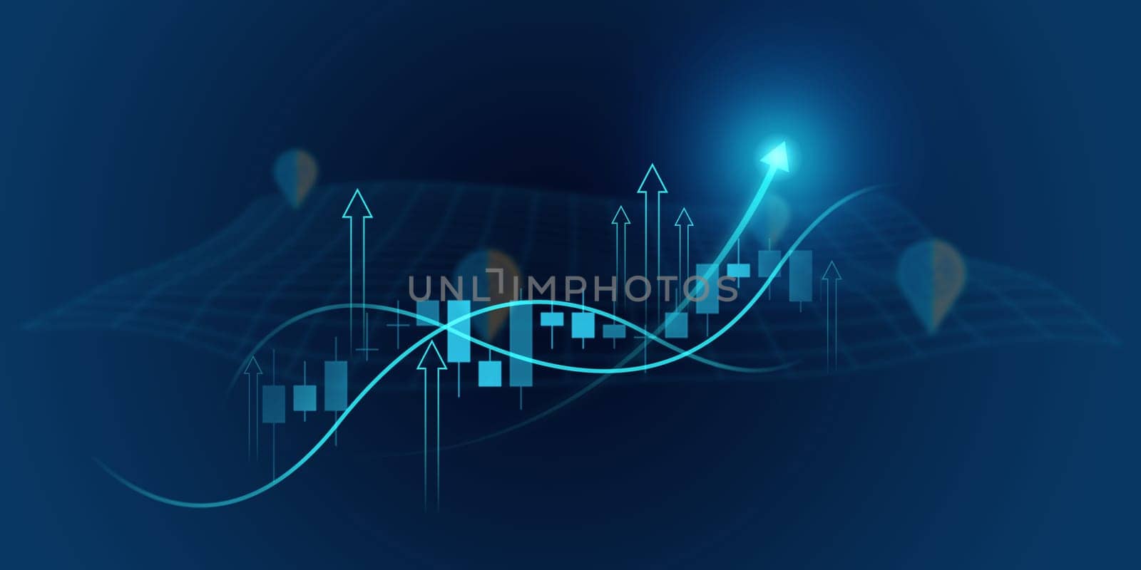 Business growth arrow up digital on blue dark background, investment graph technology circuit to success, financial data technology strategy, market chart profit money, abstract finance background by Unimages2527