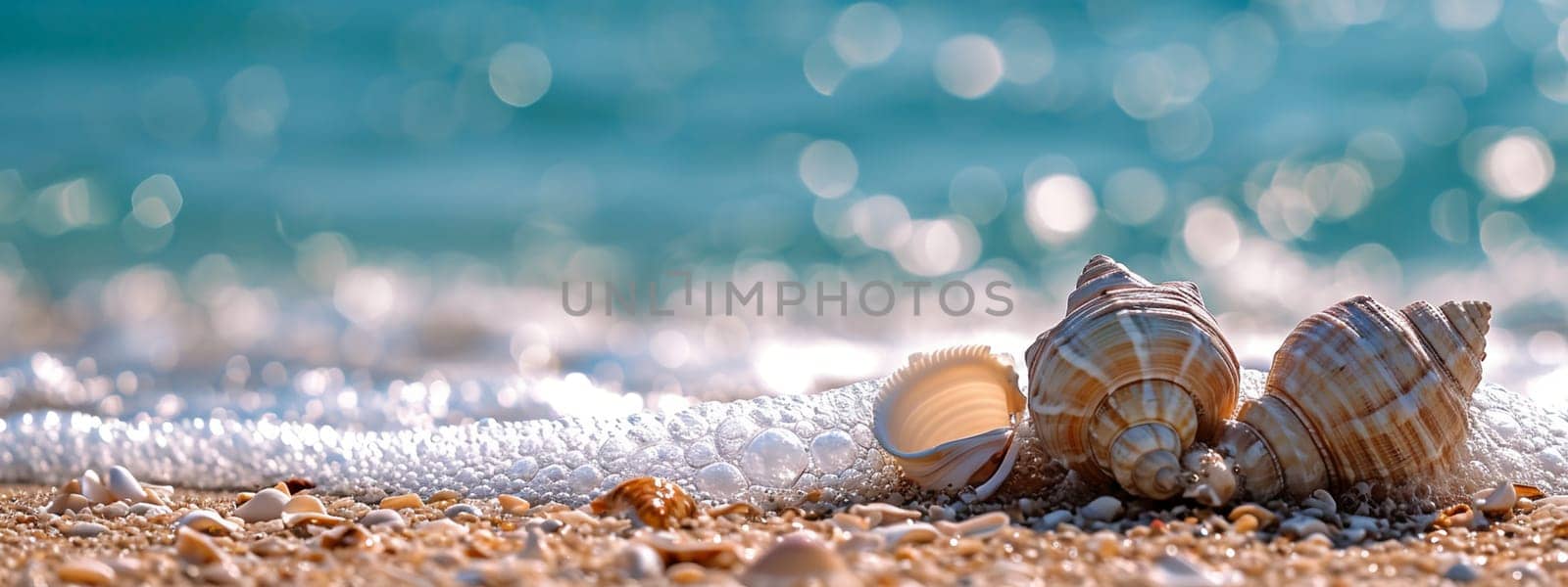 Beautiful seashells on the seashore. selective focus. Generative AI, by mila1784