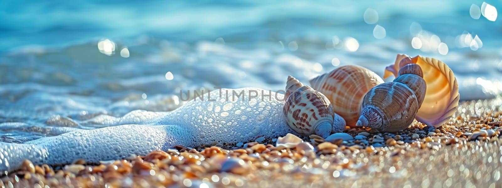 Beautiful seashells on the seashore. selective focus. Generative AI, by mila1784