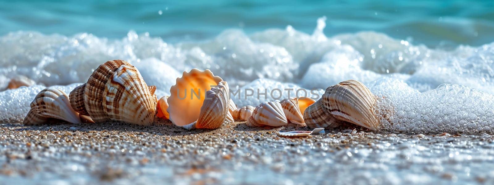 Beautiful seashells on the seashore. selective focus. Generative AI, by mila1784