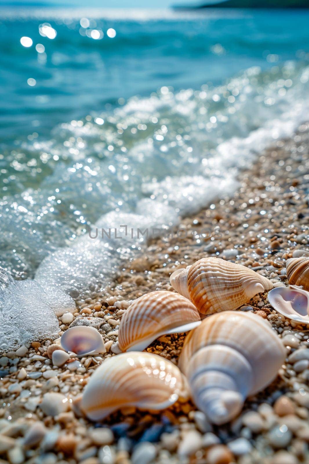 Beautiful seashells on the seashore. selective focus. Generative AI, by mila1784