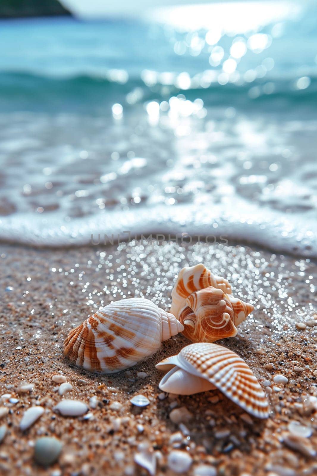 Beautiful seashells on the seashore. selective focus. Generative AI, by mila1784