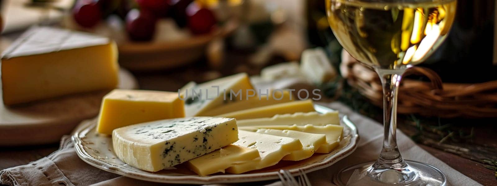 Cheese slice and glass of wine. selective focus. Food Generative AI,