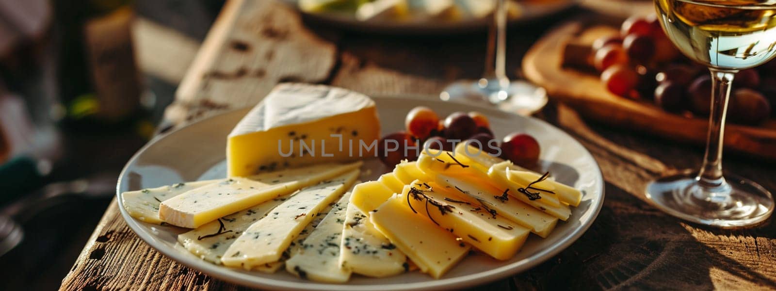 Cheese slice and glass of wine. selective focus. Food Generative AI,