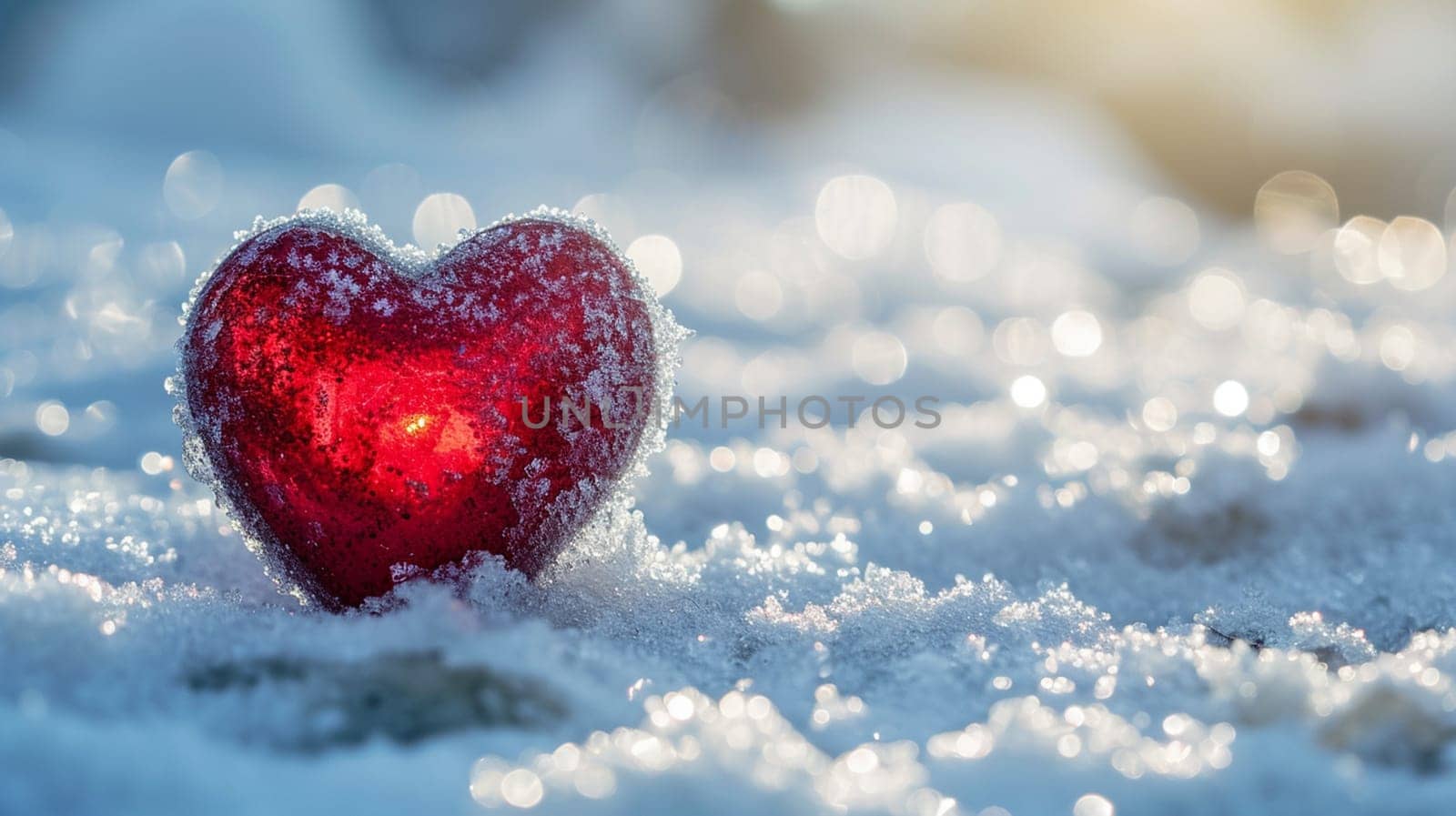 A small red heart lies on the snow. selective focus. Generative AI, by mila1784