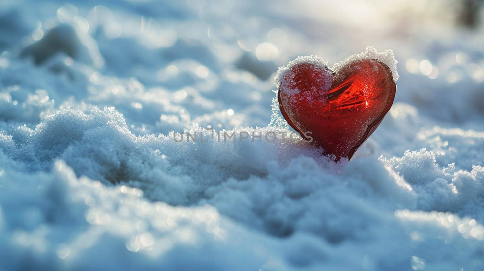 A small red heart lies on the snow. selective focus. holidays Generative AI,