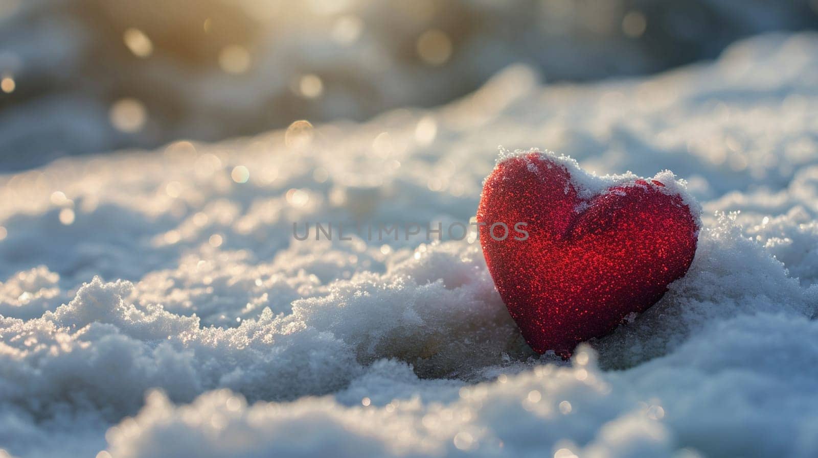 A small red heart lies on the snow. selective focus. Generative AI, by mila1784