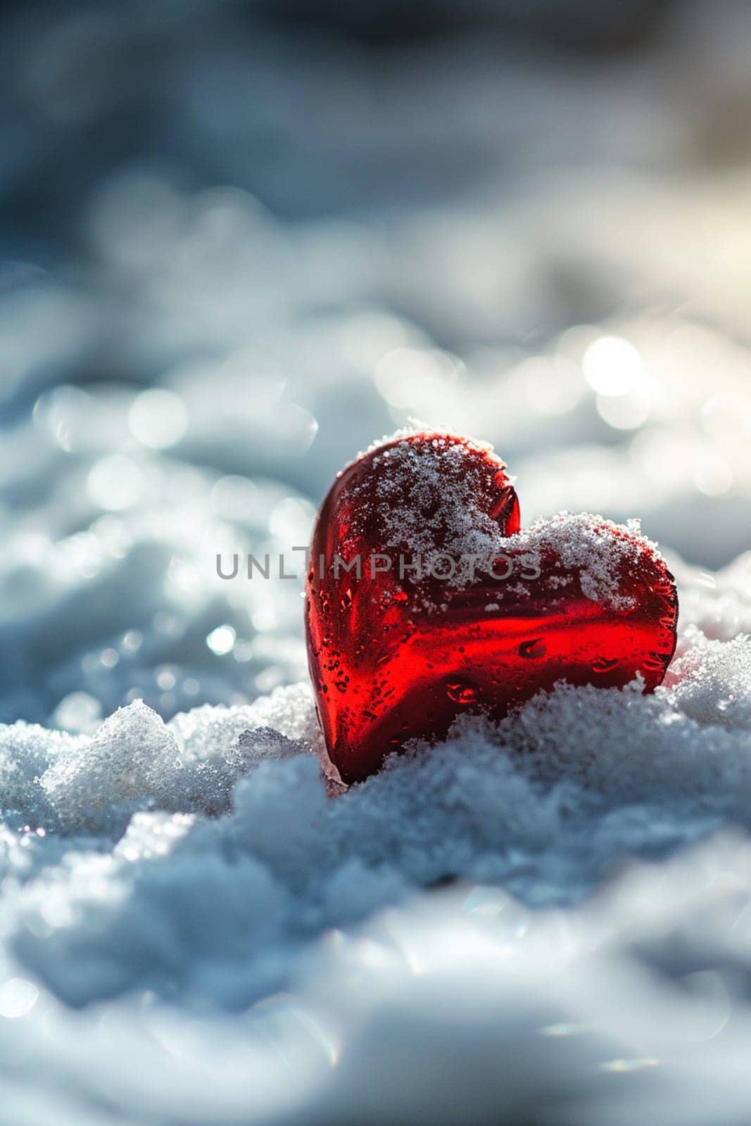 A small red heart lies on the snow. selective focus. Generative AI, by mila1784