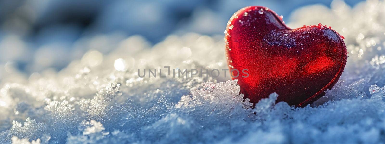 A small red heart lies on the snow. selective focus. Generative AI, by mila1784