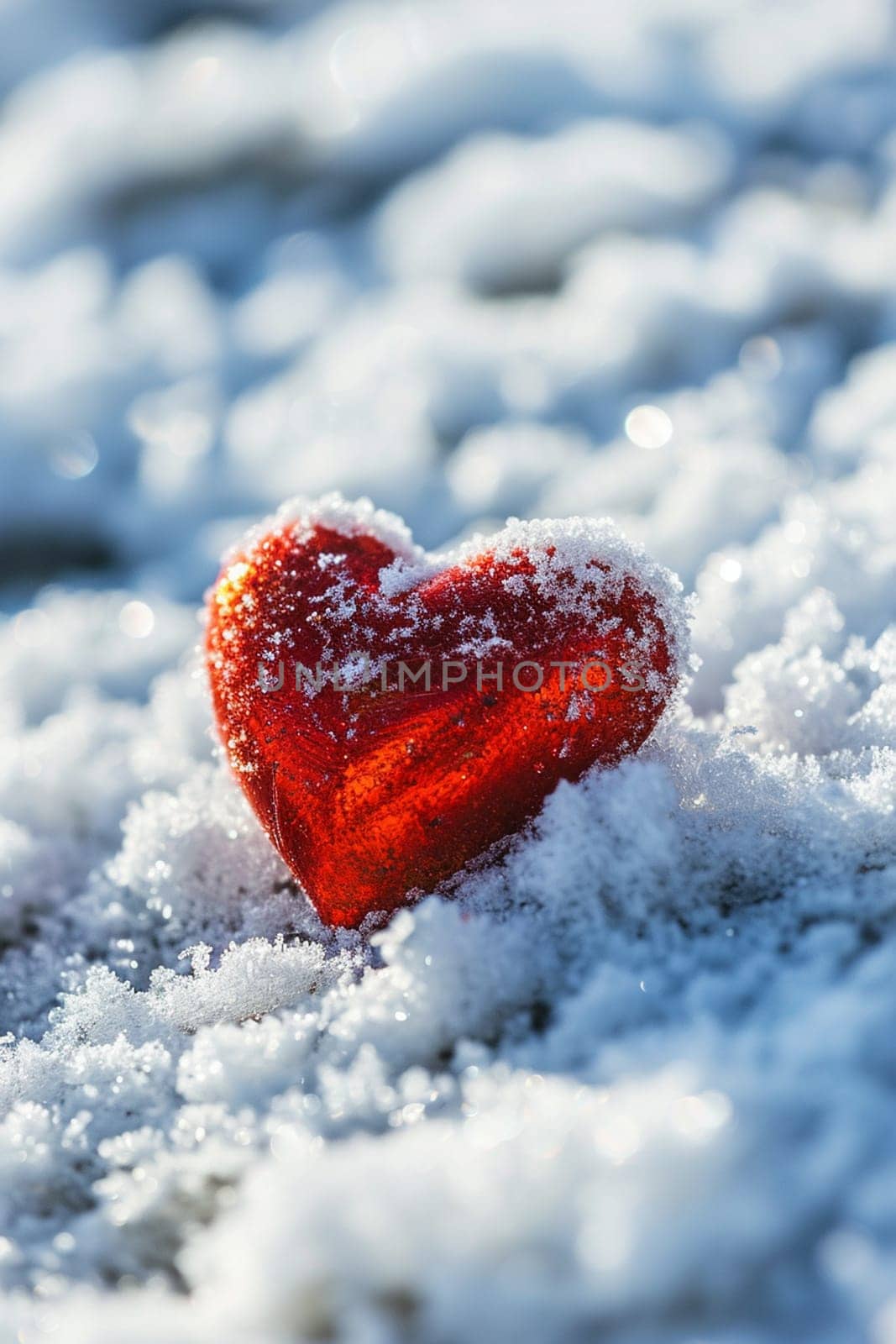 A small red heart lies on the snow. selective focus. Generative AI, by mila1784