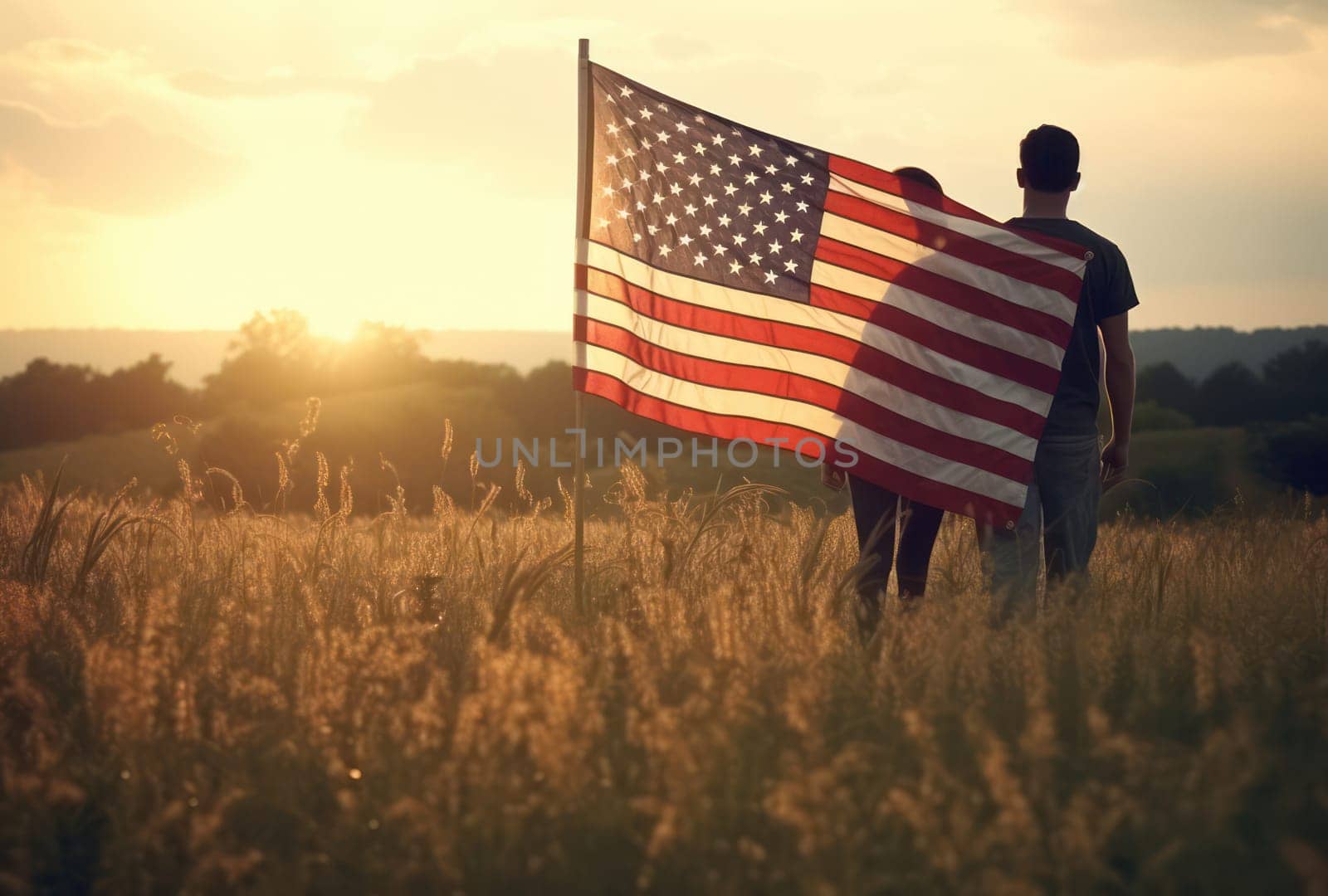 American Patriot: Happy People Holding USA Flag in a Rural Wheat Field at Sunset. by Vichizh