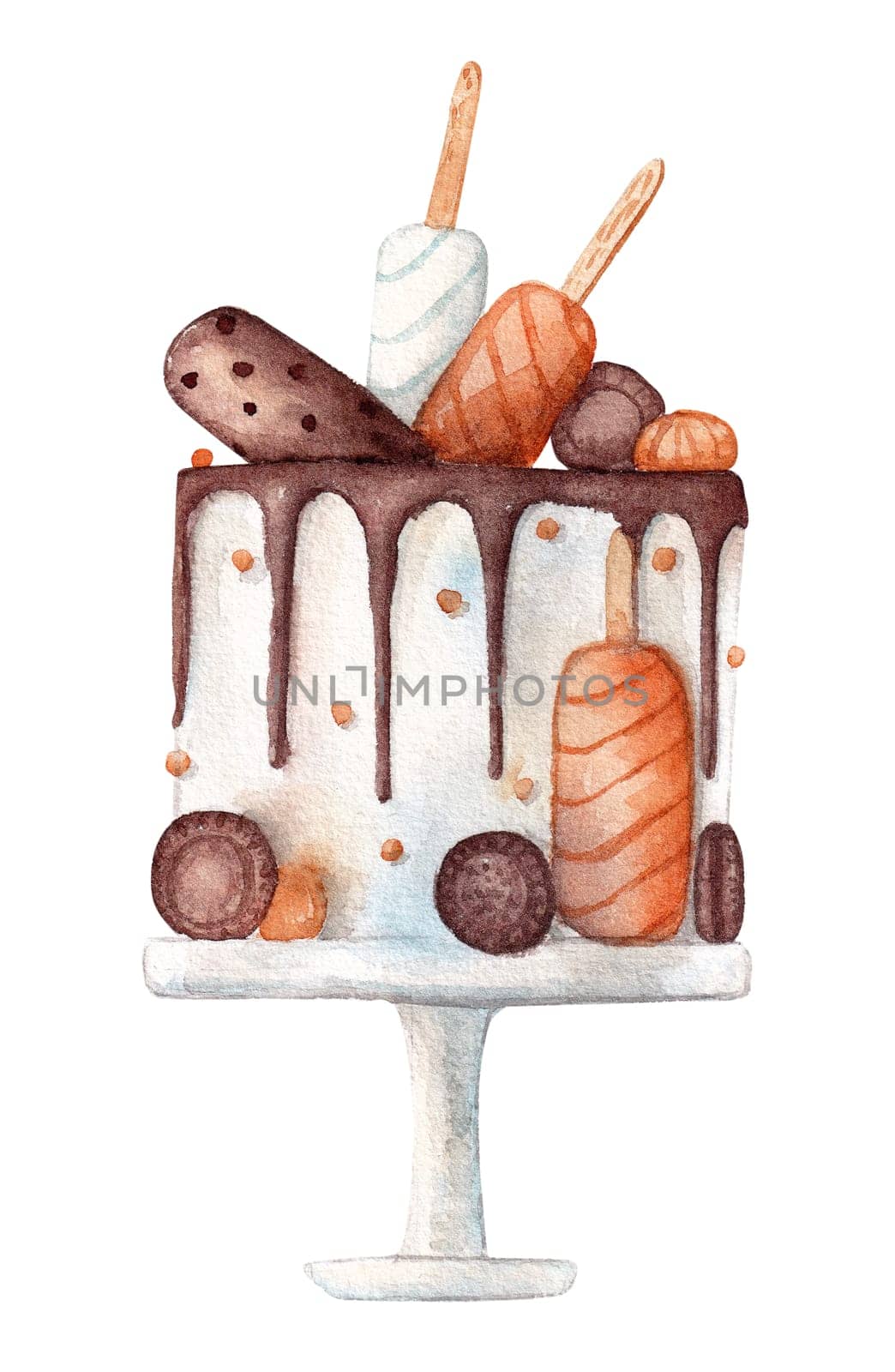 Tasty cake with cake pops decorations on white background, hand drawn watercolor illustration