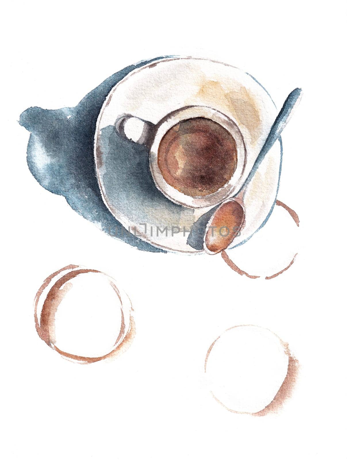 Hand watercolor Painted Cup of Coffee top view with color stains by Desperada