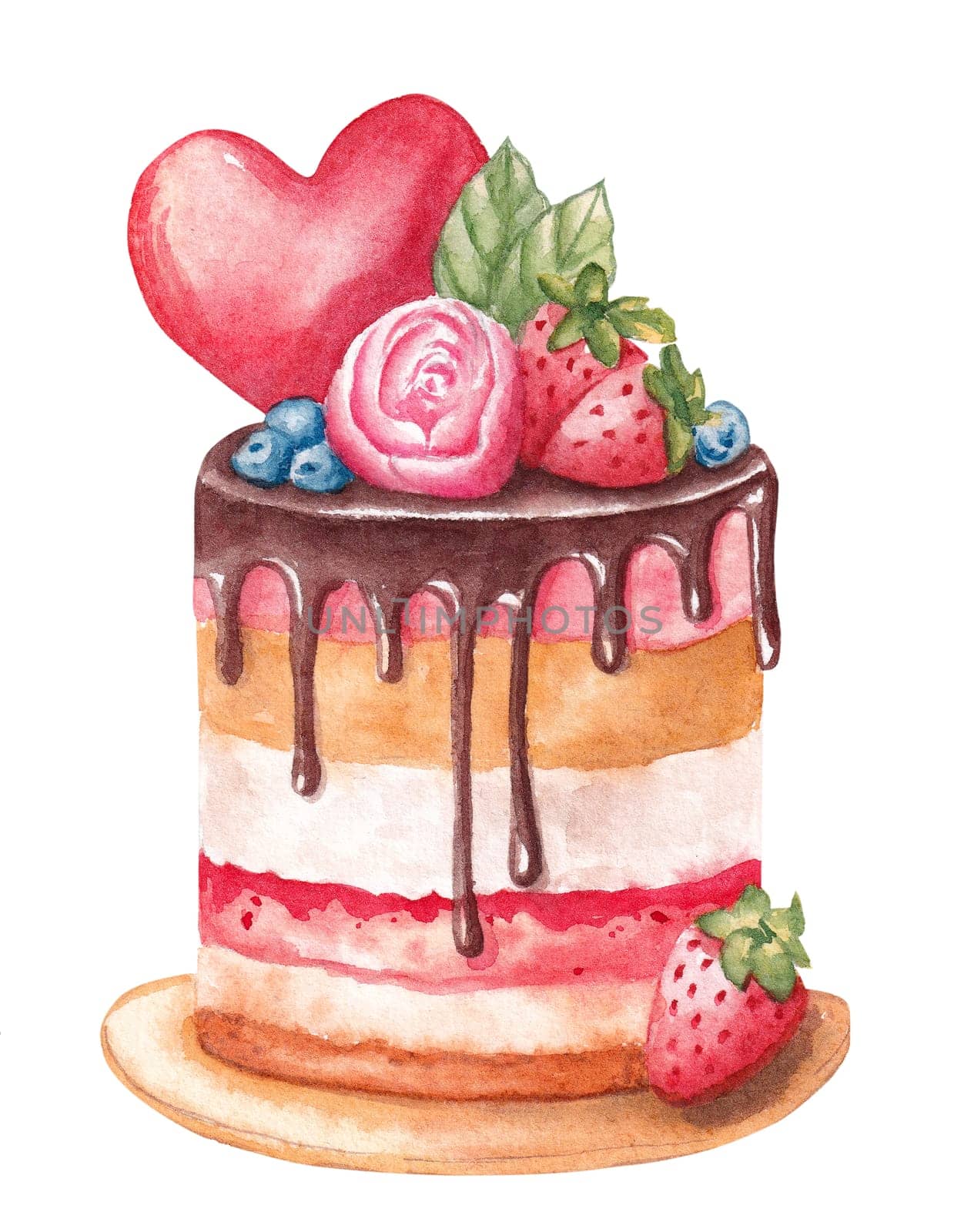 Tasty homemade valentines day cake on white background, watercolor illustration by Desperada
