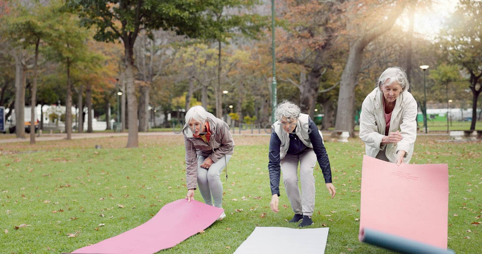 Senior friends, walking and talking with yoga mats in the park to relax in nature with elderly women in retirement. People, happy conversation and healthy outdoor exercise or pilates in winter by YuriArcurs
