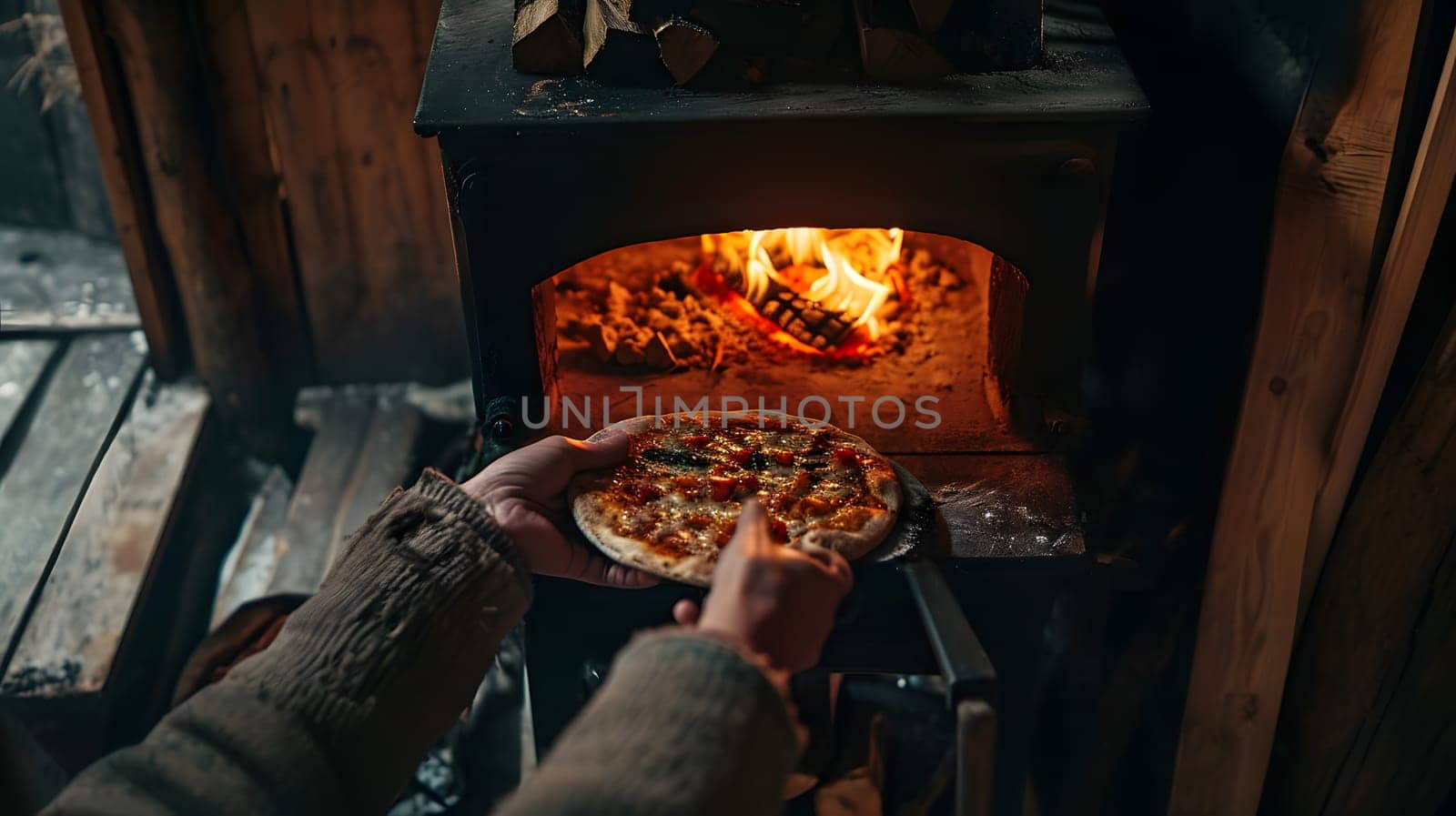 hands put pizza in the stove to bake, generative ai. High quality photo