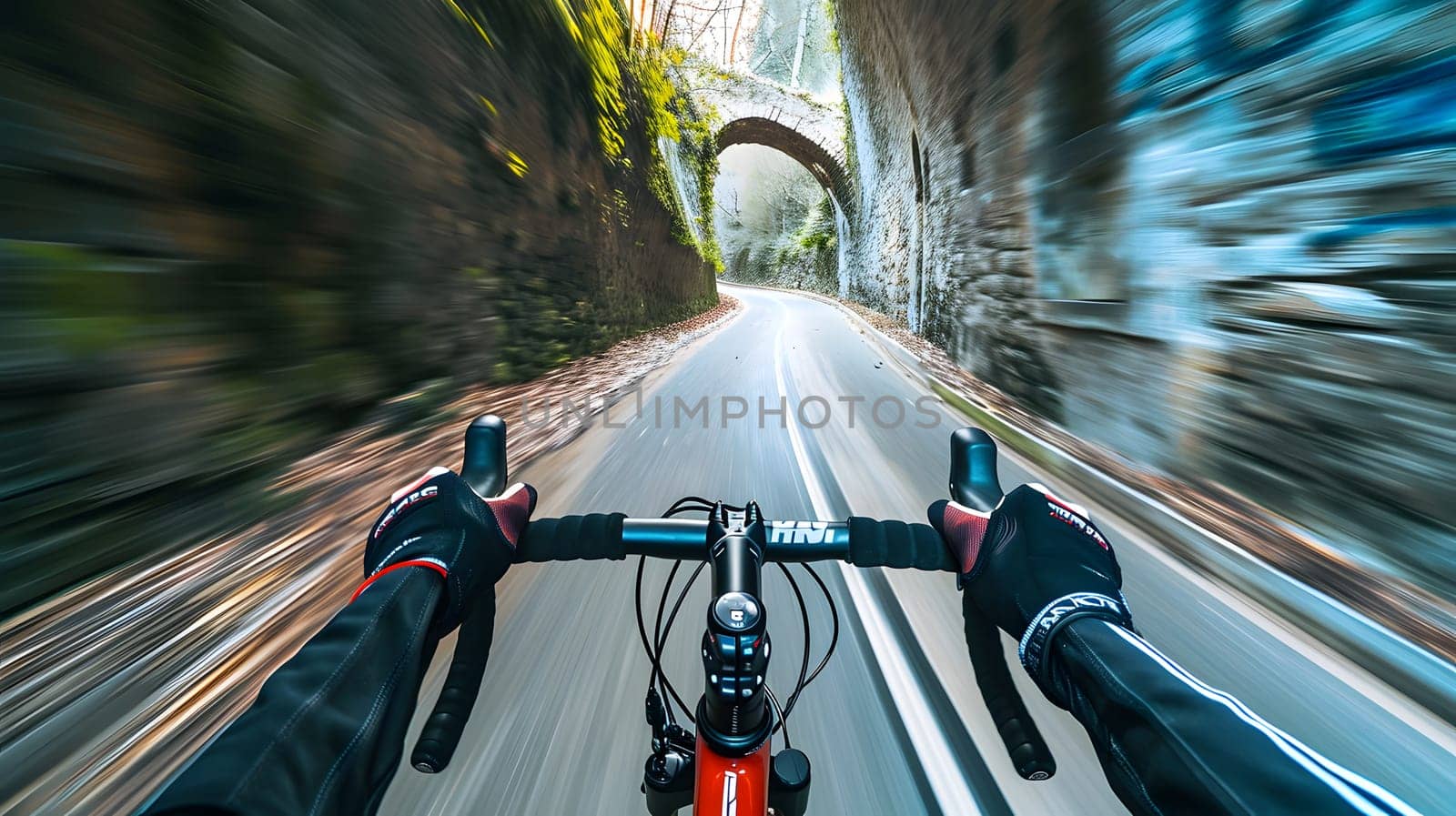 road cyclist riding with high speed first person view, generative ai. High quality photo