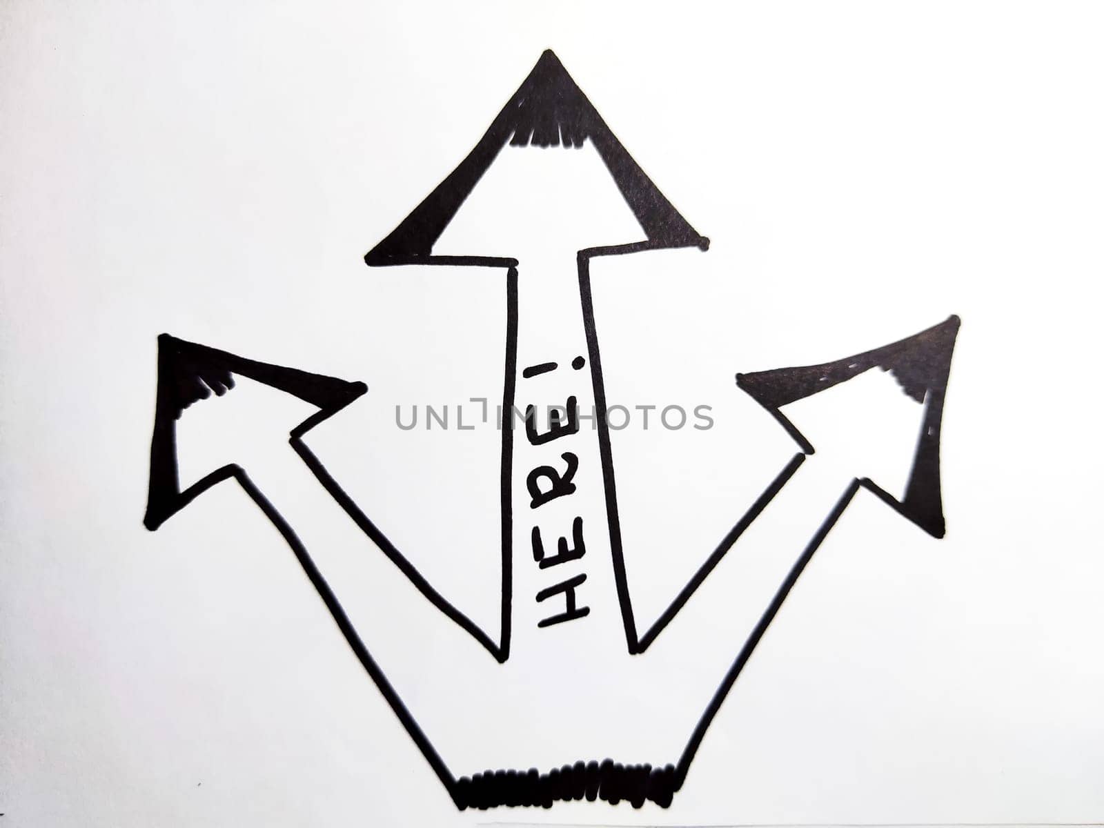 Three diverging Hand drawn black marker arrows. Concept of business, choosing direction, moving forward. Abstract sign, background, texture. Blurred
