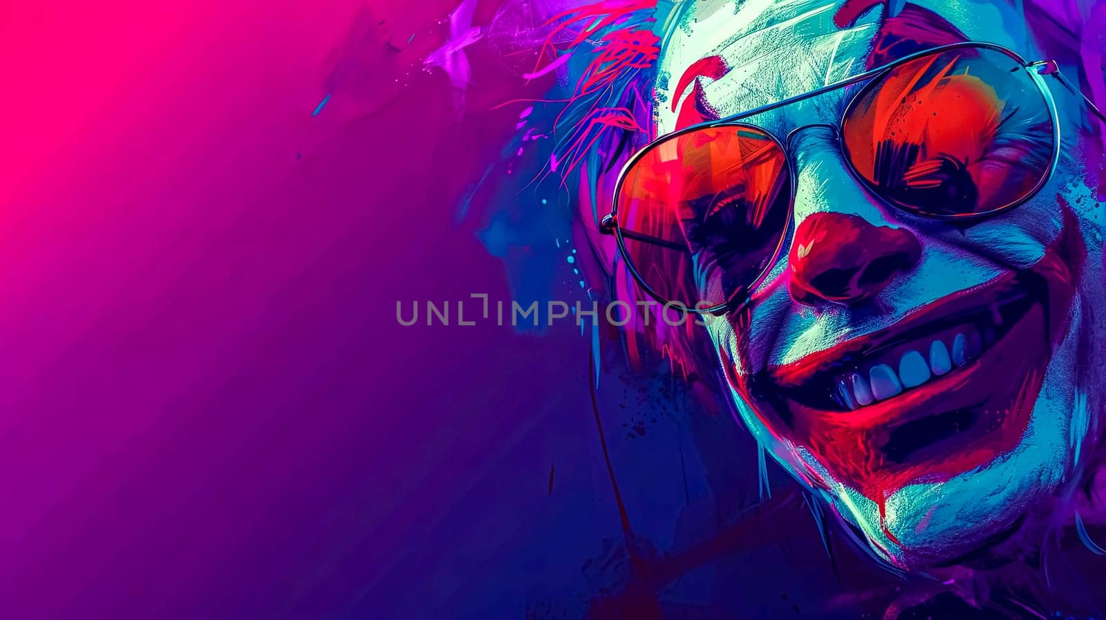 A neon-drenched, psychedelic portrait of a person wearing sunglasses, reflecting a vivid explosion of colors on a striking purple background. copy space