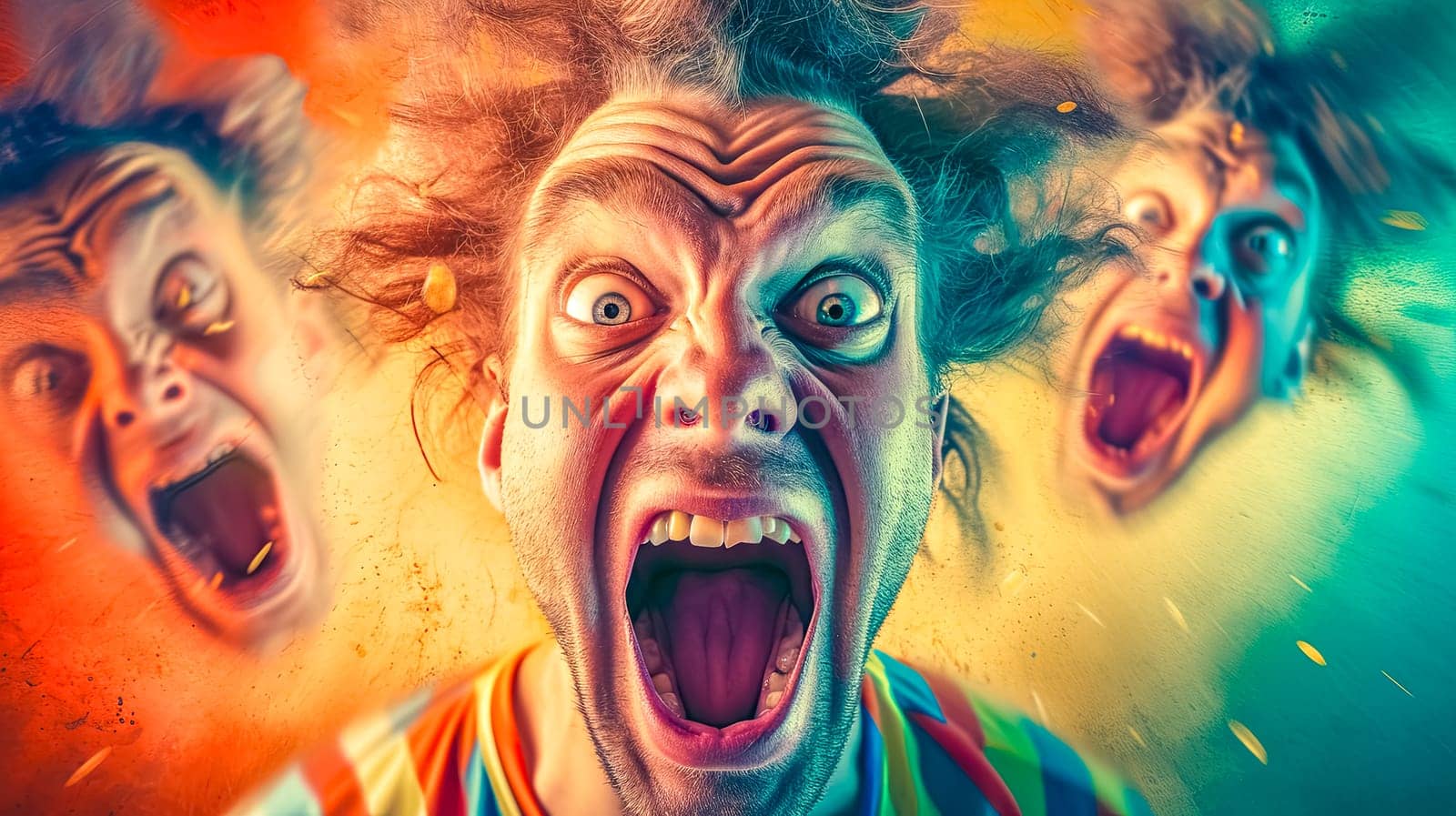 A surreal, colorful portrait of a person with exaggerated facial expressions, featuring multiple ghosted images conveying intense emotion, set against a vibrant, textured background.