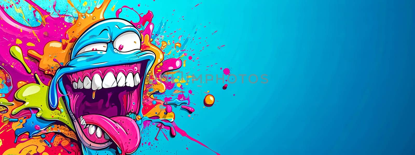 A vibrant character bursting with energy, featuring a wide-eyed expression and a large, open mouth amidst a dynamic splash of colorful paint against a bright blue background. by Edophoto