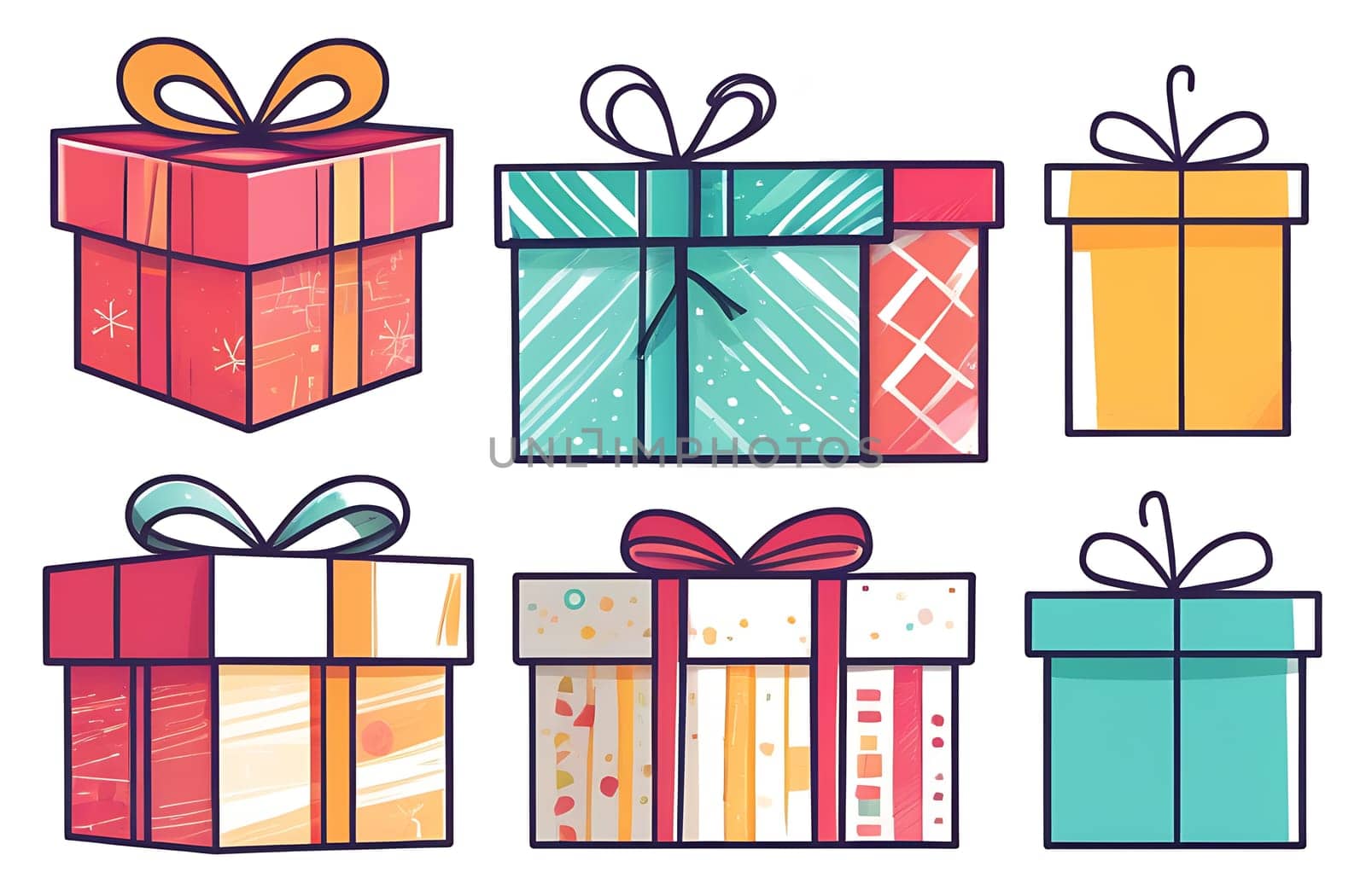 A set of illustrations of gift boxes isolated on a white background.