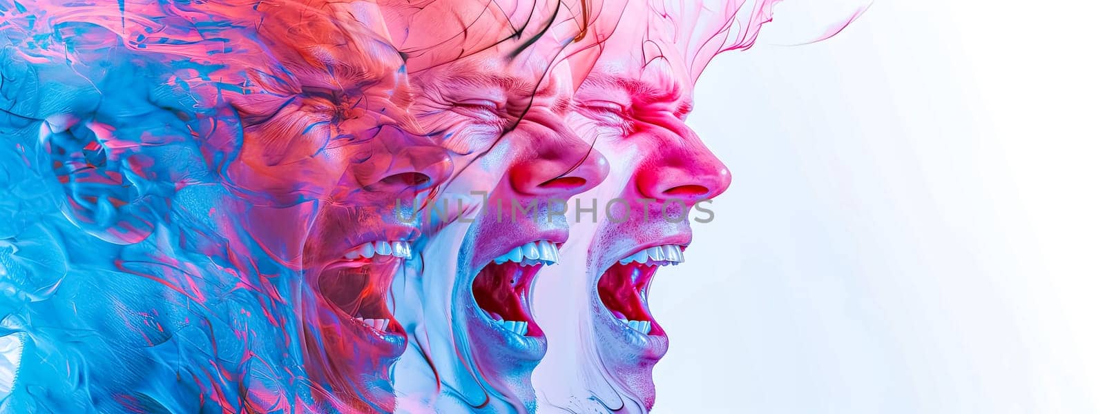 multiple superimposed faces expressing intense emotions in a dynamic flow of blue and red hues, creating a powerful and abstract visual effect by Edophoto