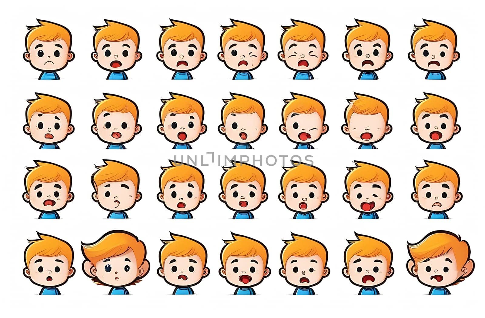 A set of illustrations of icons of different emotions on the face of a small baby, highlighted on a white background.