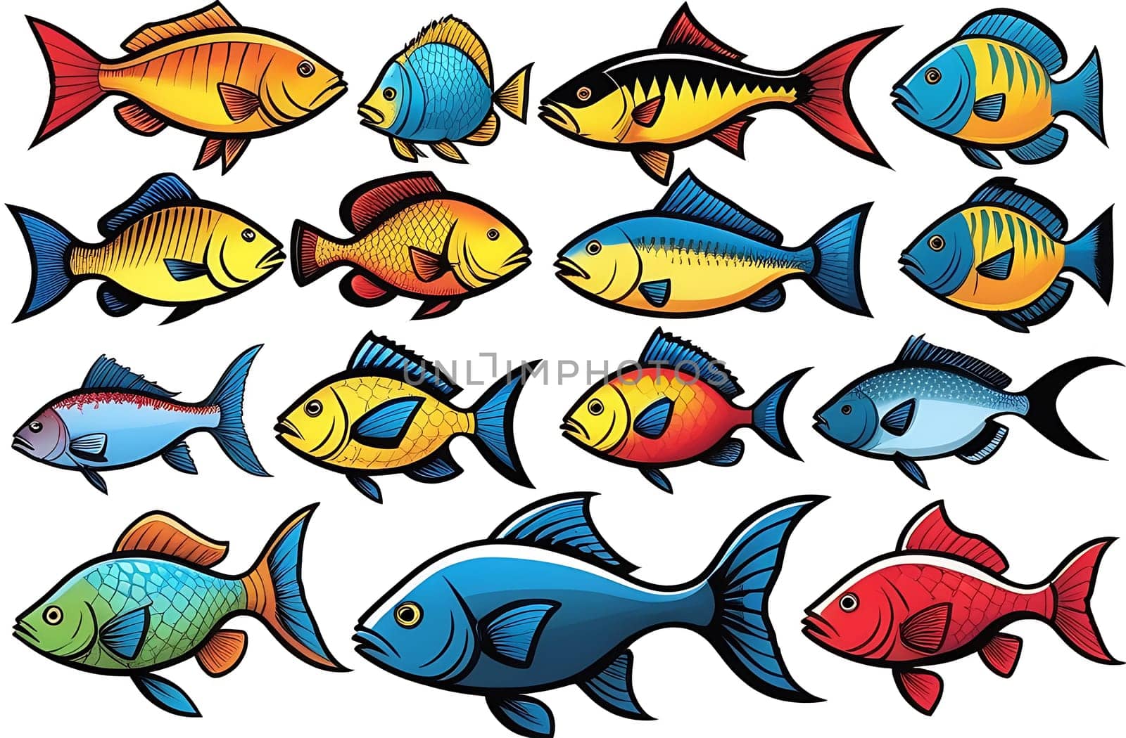 Fish icons highlighted on a white background, A set of aquarium cartoon fish. Tropical fish, a collection of marine fish by claire_lucia