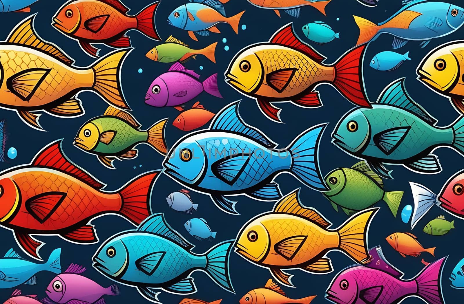 Fish icons on a dark background, a set of aquarium cartoon fish. Tropical fish, a collection of marine fish.