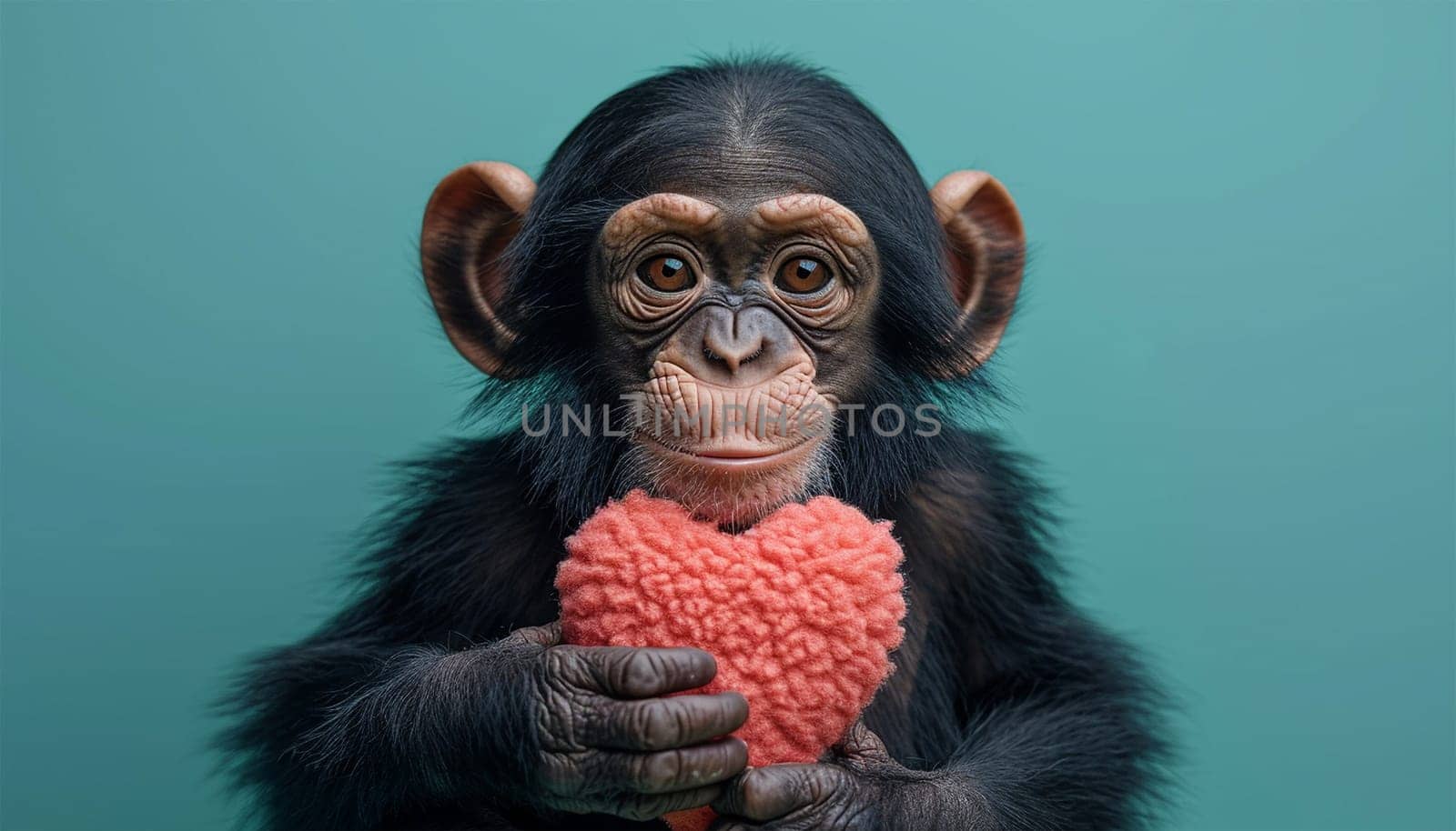 Valentine background Cute monkey chimpanzee holding red heart. Pastel green background. Happy monkey for St. Valentine's Day party. Happy Valentine's Day Love