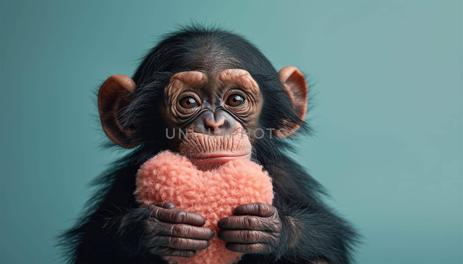 Valentine background Cute monkey chimpanzee holding red heart. Pastel green background. Happy monkey for St. Valentine's Day party. Happy Valentine's Day Love