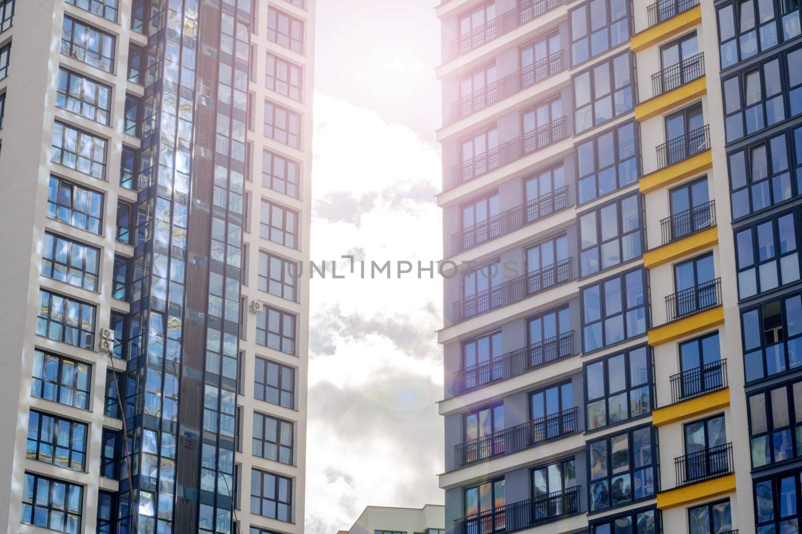 Windows of a tall modern building close up