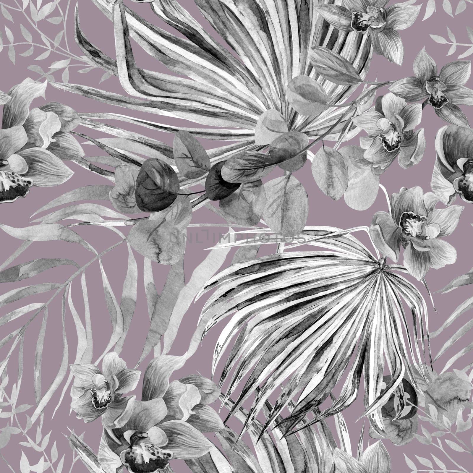 Seamless botanical monochrome black and white pattern with watercolor flowers and palm leaves. Drawing for textiles by MarinaVoyush