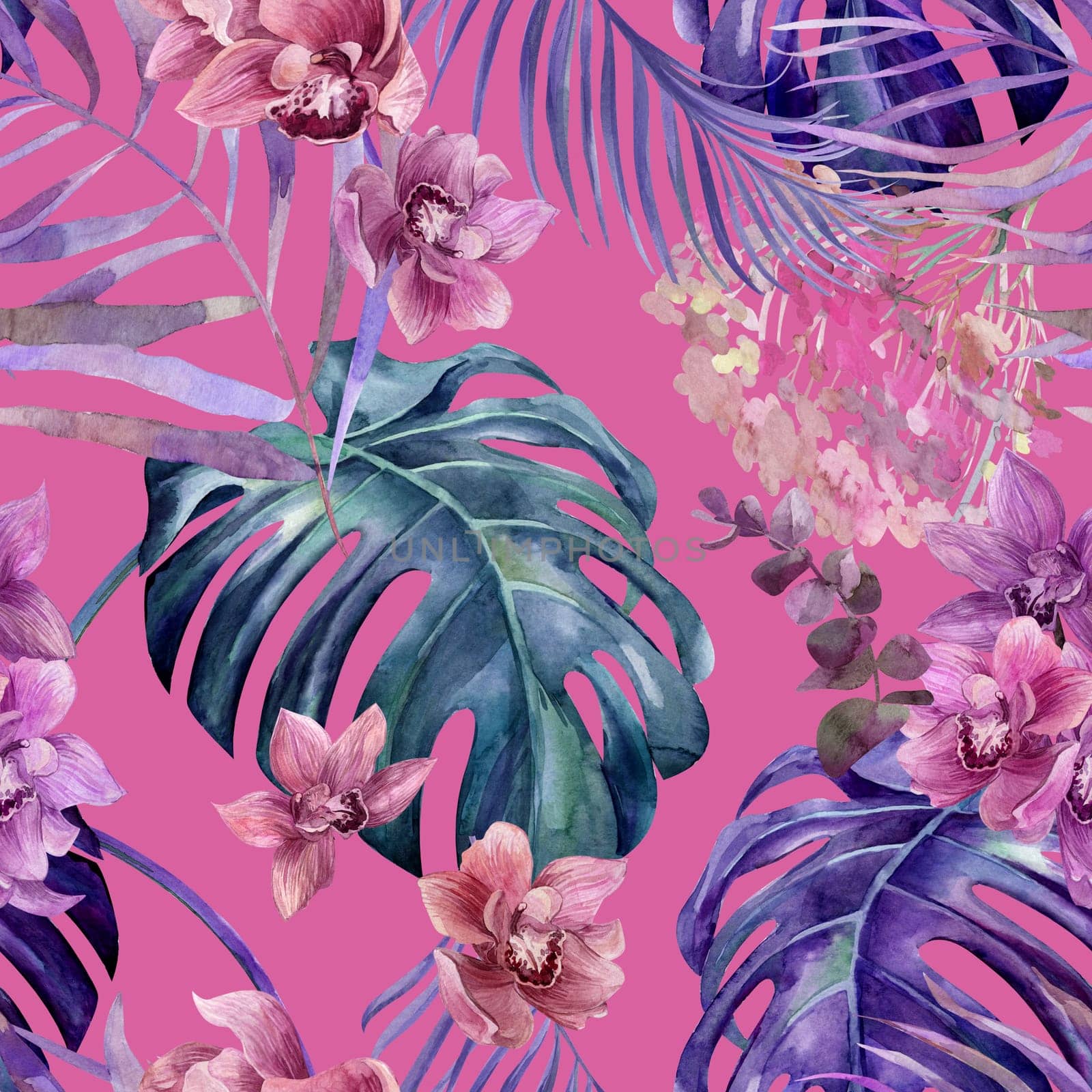 Seamless bright tropical pattern with orchid flowers and monstera leaves. Botanical pattern for textile and surface design