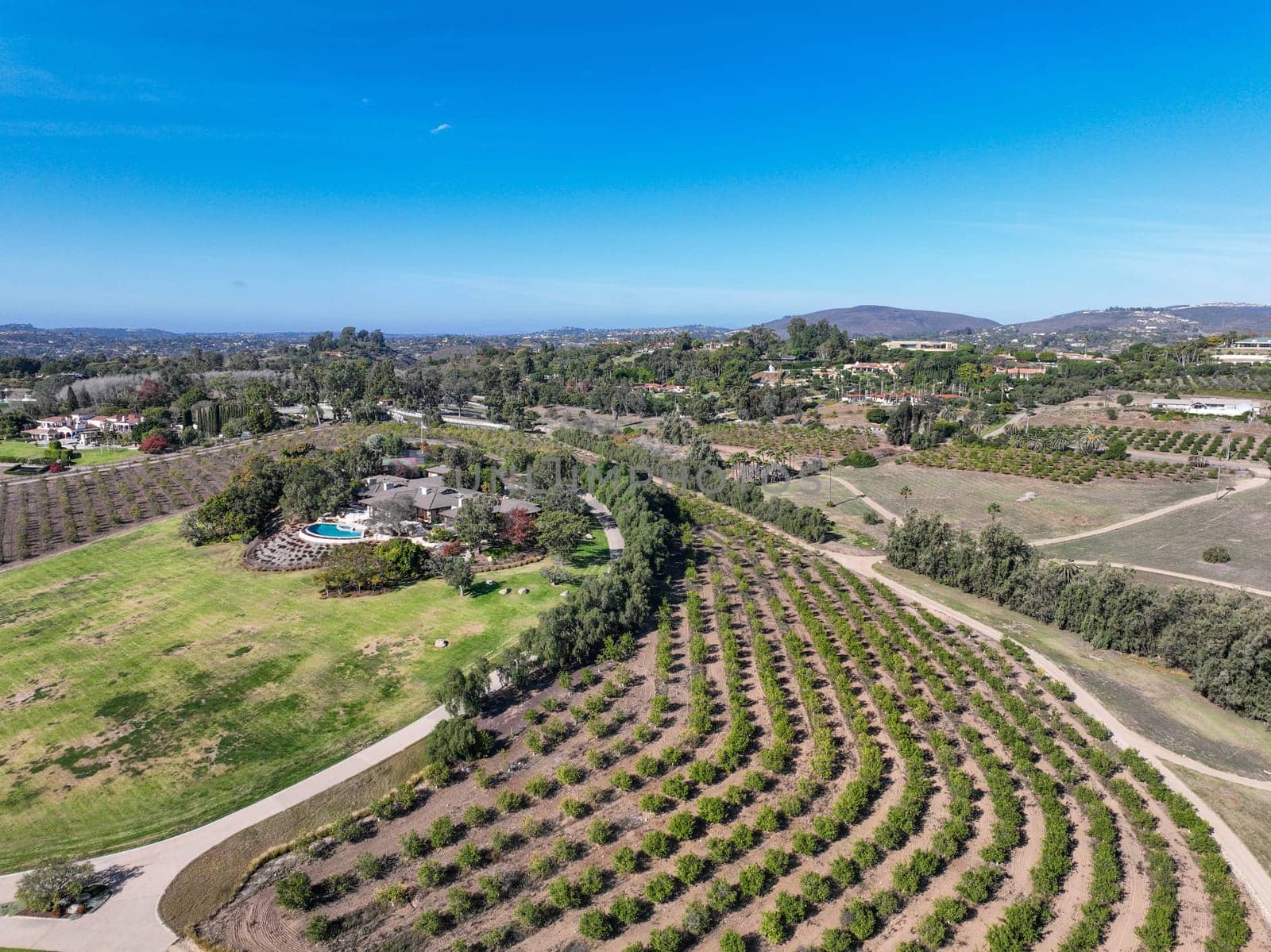 Aerial view over Rancho Santa Fe super wealthy town in San Diego, California, USA