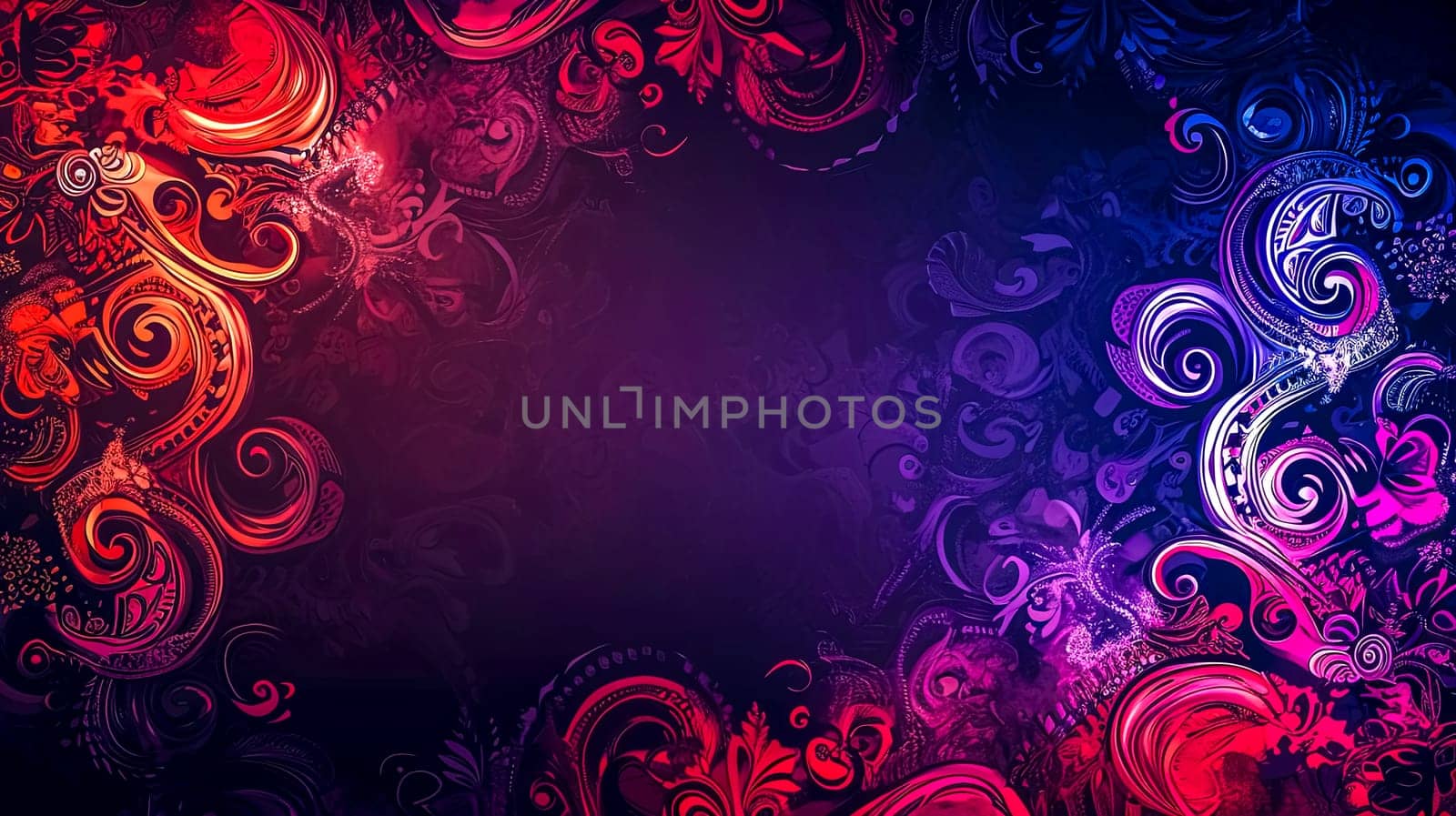 ornate banner with a dynamic swirl of colors ranging from deep purples to fiery reds and oranges, intricate floral and paisley patterns, perfect for a background that combines energy with elegance. by Edophoto