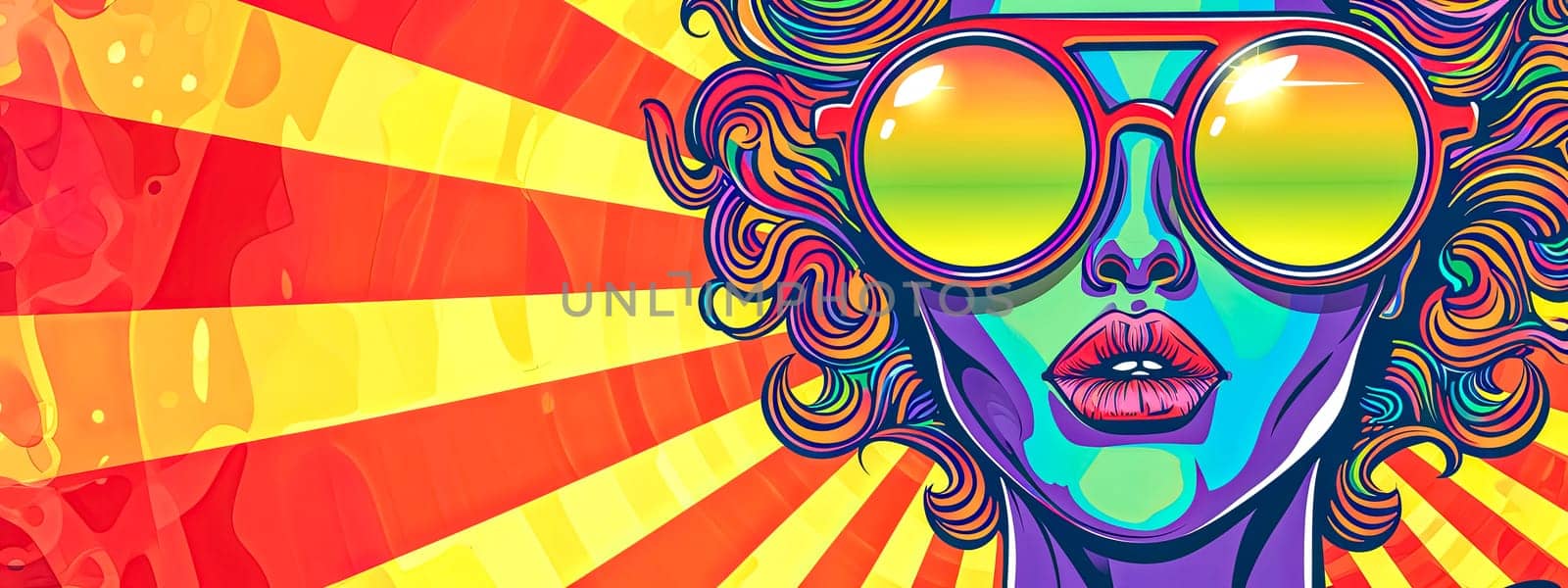 Psychedelic portrait of a woman with colorful patterns and sunset glasses by Edophoto