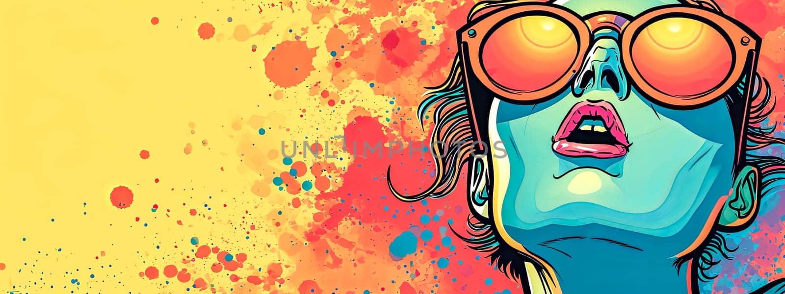 person with exaggerated features wearing large, round orange sunglasses, open mouthed in a surprised expression against a vibrant, splattered paint background. by Edophoto