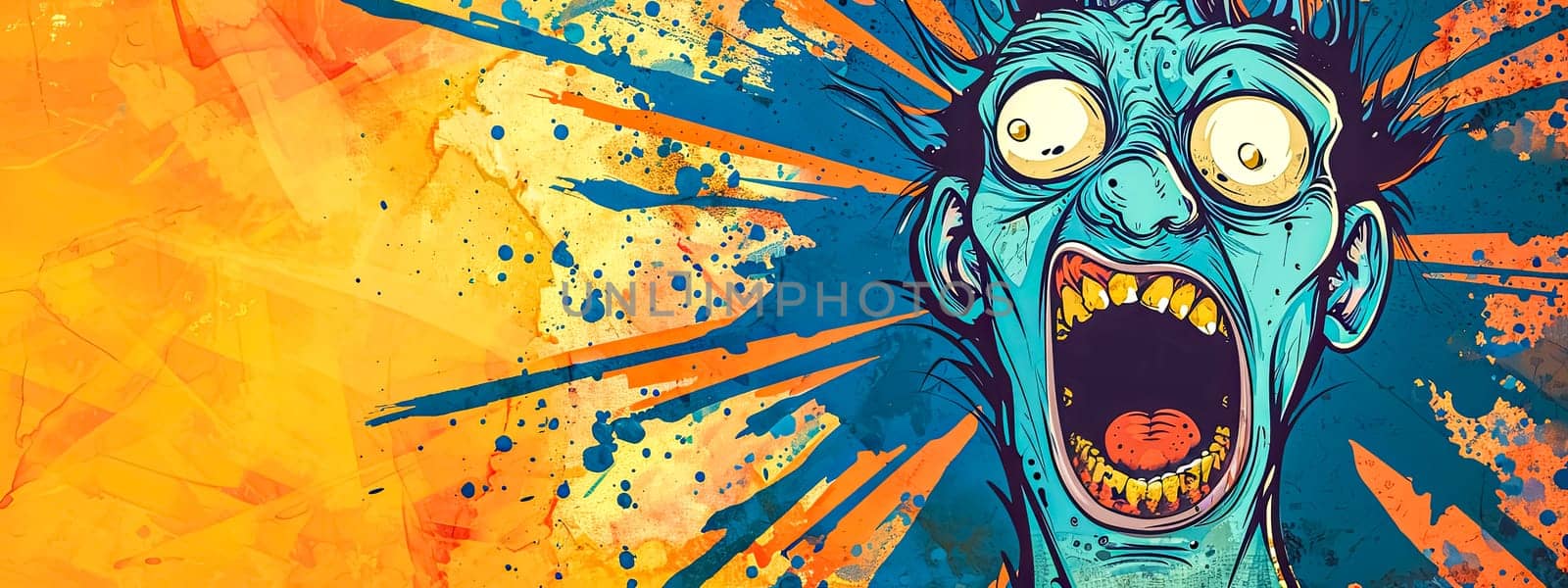 character with bulging eyes, a gaping mouth, and a startled expression, set against a dynamic orange and blue splattered paint backdrop