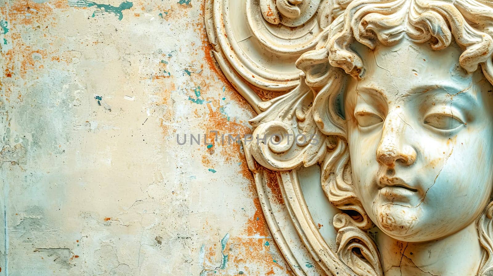 detailed sculpture of a serene female face with baroque elements, nestled within an ornate frame, wall with flaking paint and signs of decay, historical beauty juxtaposed with the passage of time