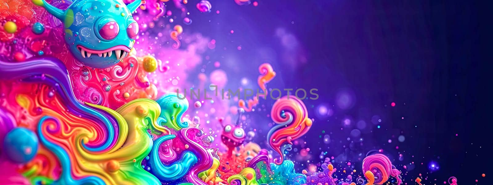 psychedelic scene filled with fluid, melting shapes and a creature with a single eye, in an explosion of neon colors against a deep purple background, reminiscent of a vibrant, dreamlike landscap.