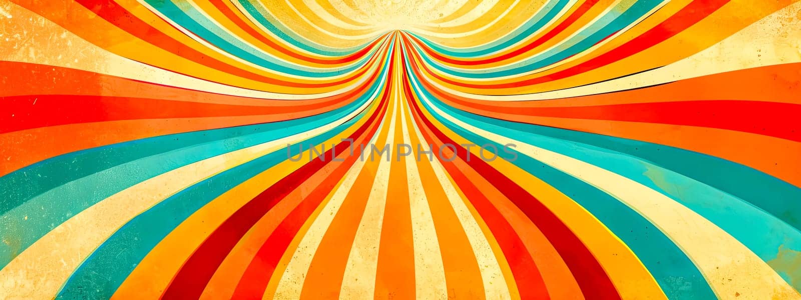 retro-style design with bold, radiating stripes in a spectrum of warm to cool colors, creating a hypnotic and dynamic effect that draws the viewer's eye toward the center.