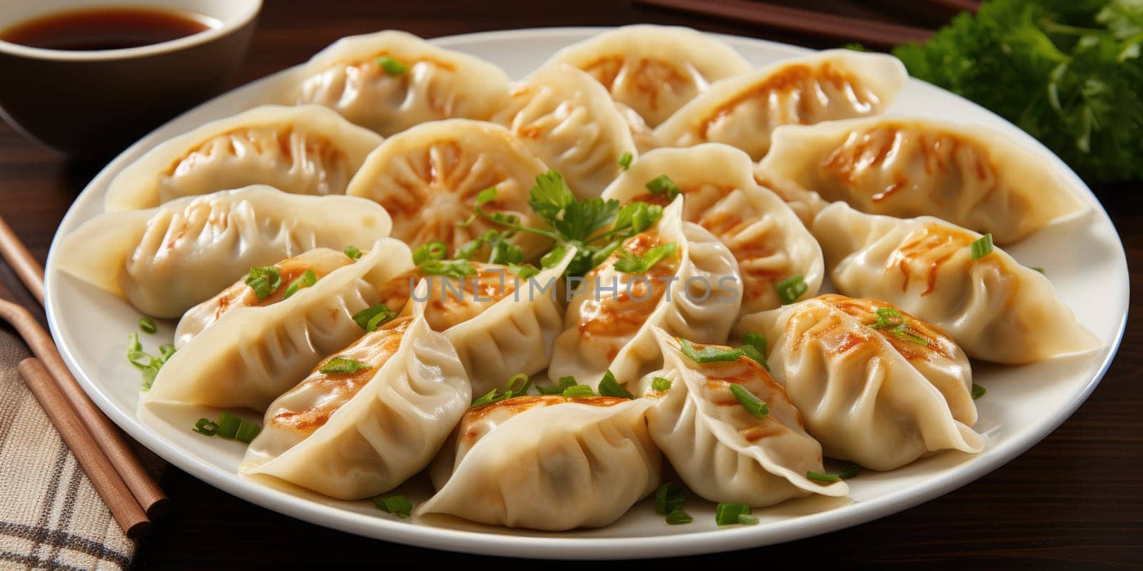 chinese dumplings on plate. ai generated by Desperada